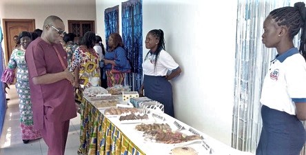 Dr Mohammed Ibrahim Awal, Minister of Tourism, Arts and Culture,  at one of the exhibition stands mounted as part of the graduation programme of the Khameen Professional Institute 